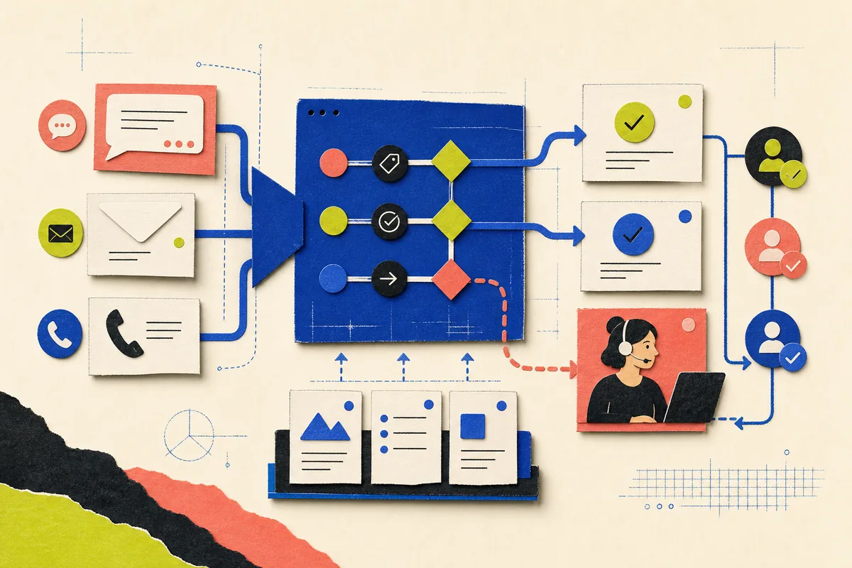 Editorial collage showing customer support automation routing messages to knowledge, AI assistance and human service teams