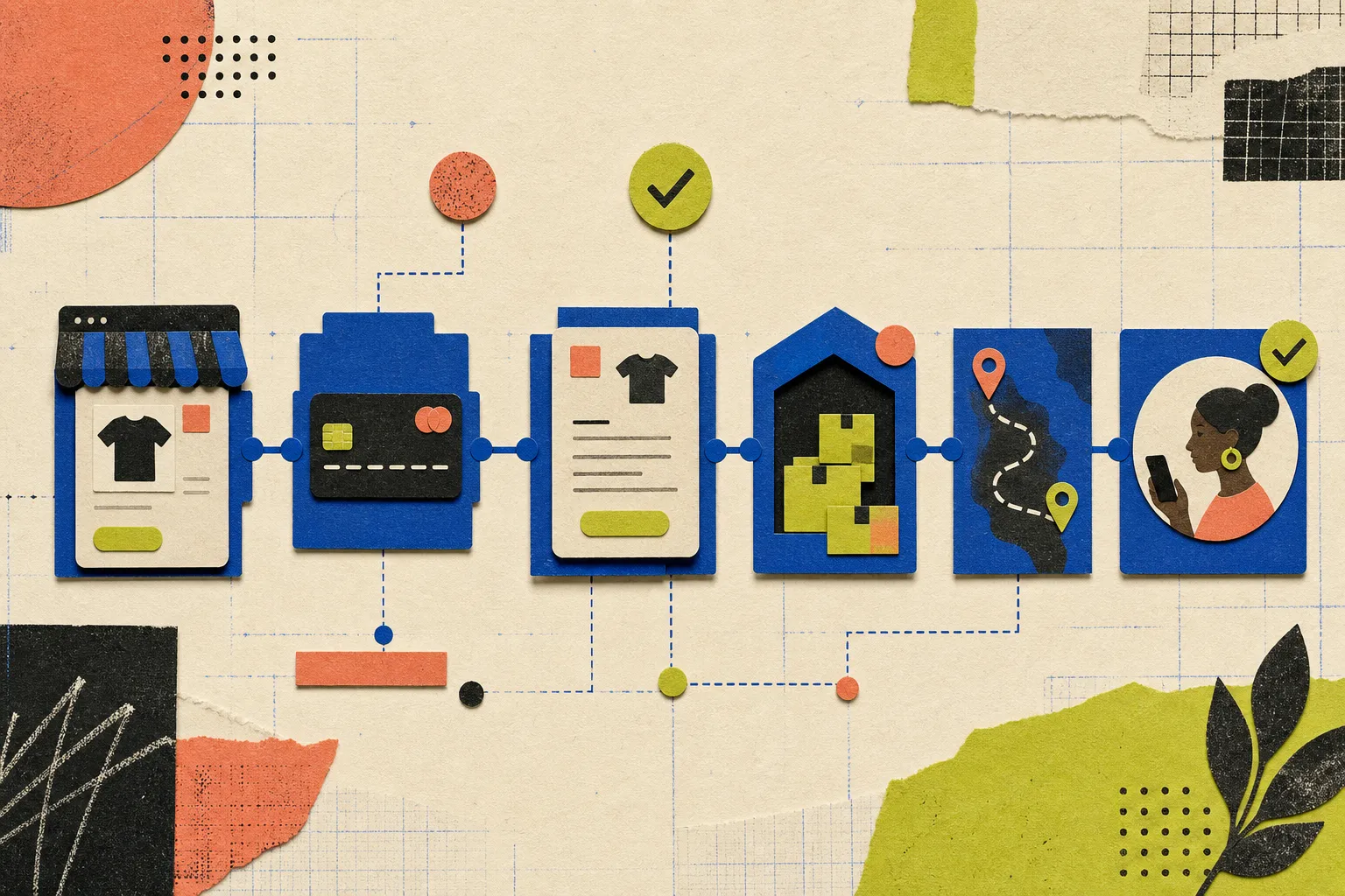 Paper collage showing an ecommerce order connected through payment, inventory, fulfilment and customer notification APIs