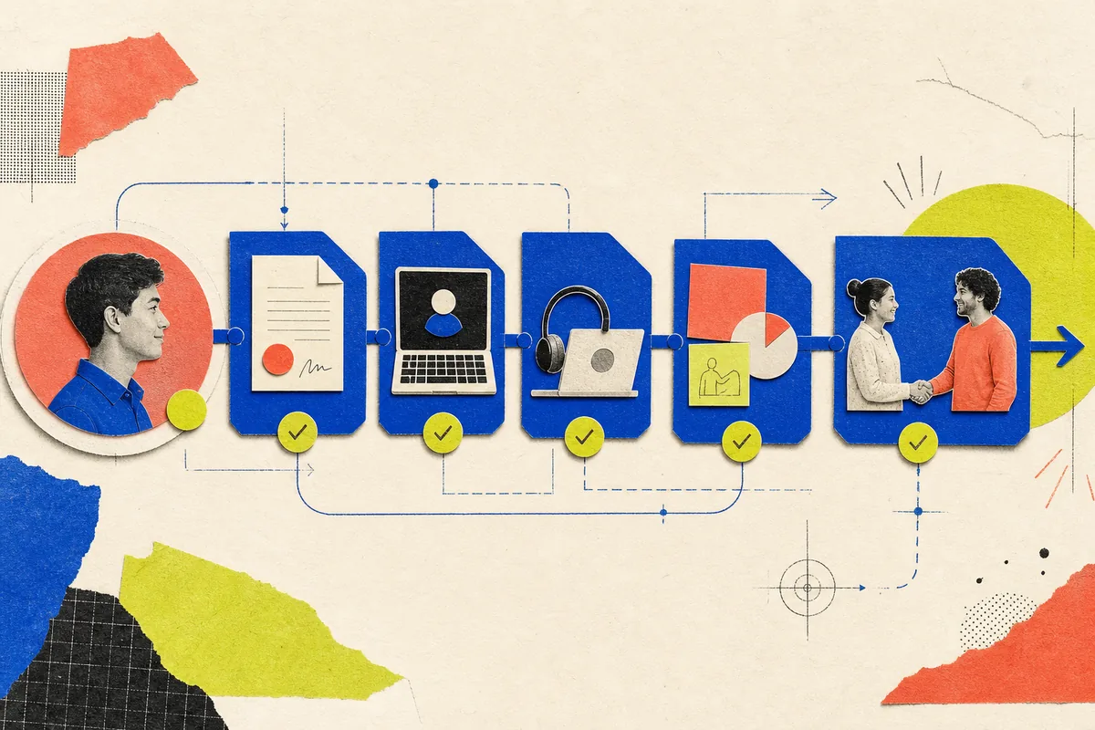 Editorial paper collage showing employee onboarding automation connecting contracts, equipment, access and training tasks