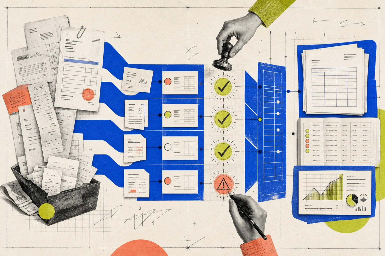 Editorial collage of invoices passing through document automation validation, approval and finance records