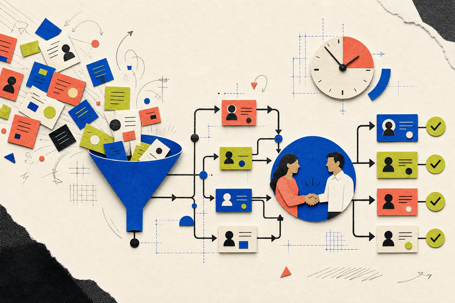 Editorial collage of enquiries entering a lead management automation funnel and reaching salespeople on time
