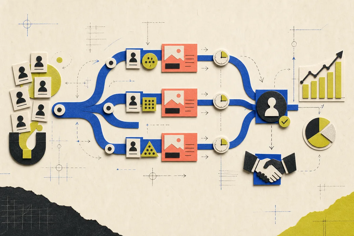 Editorial paper collage visualising marketing automation from audience capture through nurture to qualified sales pipeline