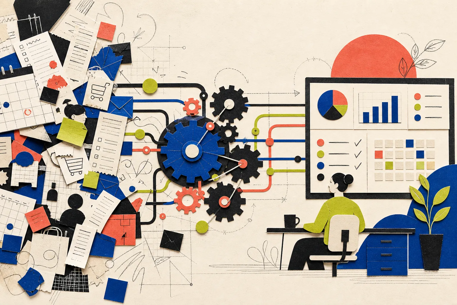 Paper collage of small business tasks flowing through automation gears into an organised operations dashboard